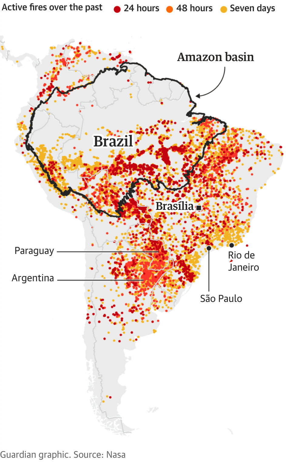 Map of fires throughout the Amazon basin