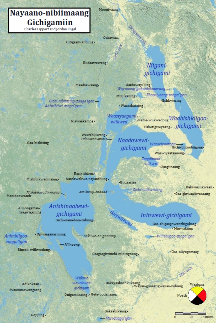 Nayanno-nibiimaang Gichigamiin (The Great Lakes) in Anishinaabemowin (Ojibwe), by Charles Lippert and Jordan Engel.