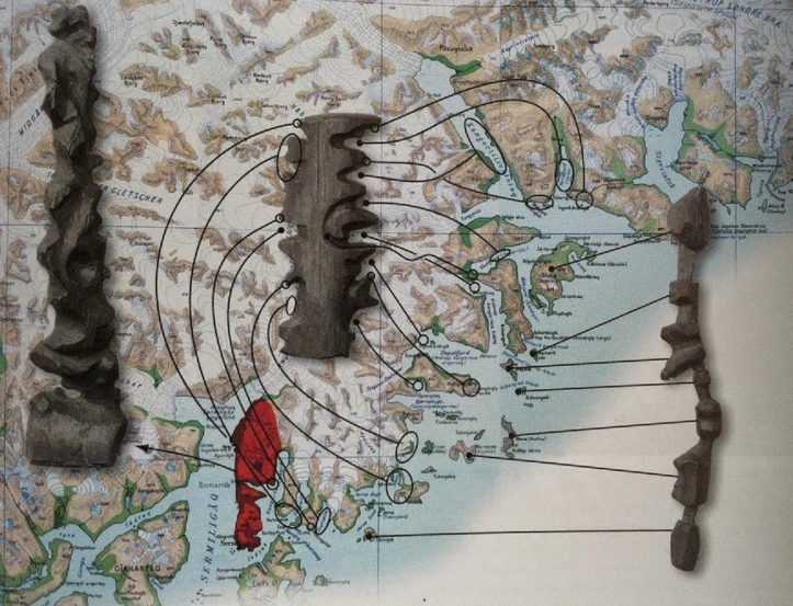 These three wooden maps show the journey from Sermiligaaq to Kangertittivatsiaq, on Greenland’s East Coast.  Source: Topografisk Atlas Grønland
